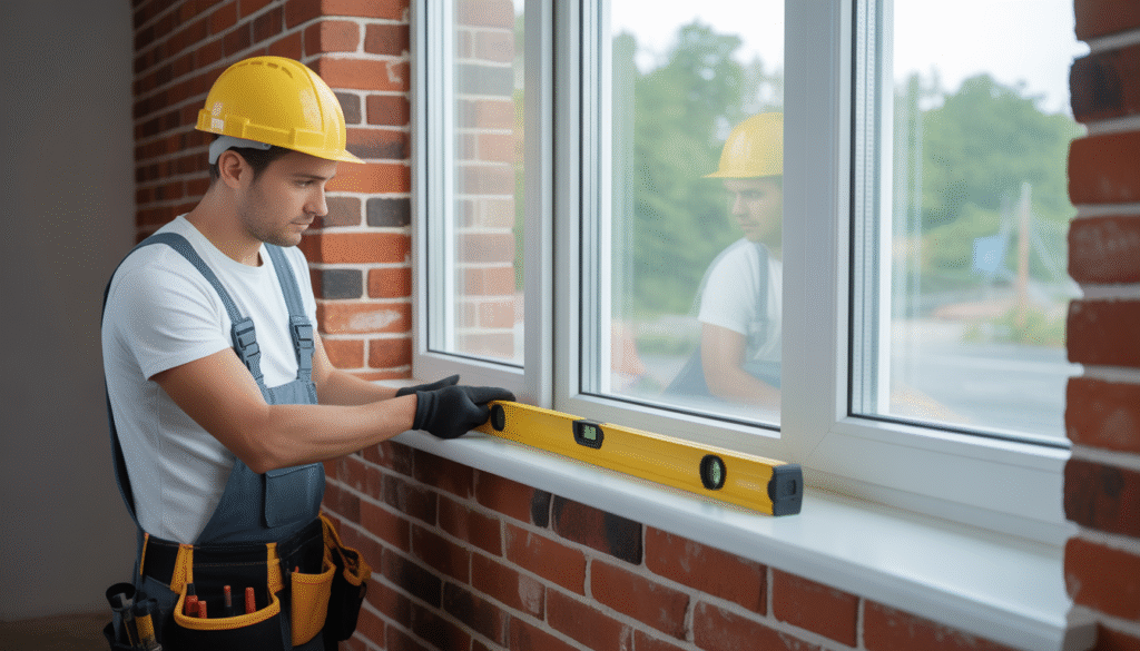 Ouvrier posant une fenêtre en PVC avec niveau et joints visibles