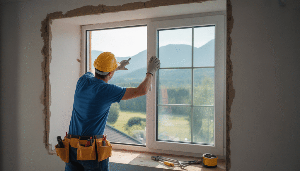 Ouvrier posant une nouvelle fenêtre dans un mur avec outils visibles