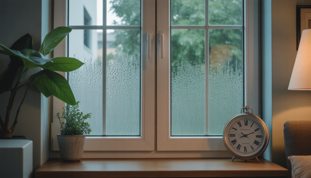 Modern double-glazed window showing condensation between glass panes in home interior with vintage clock nearby