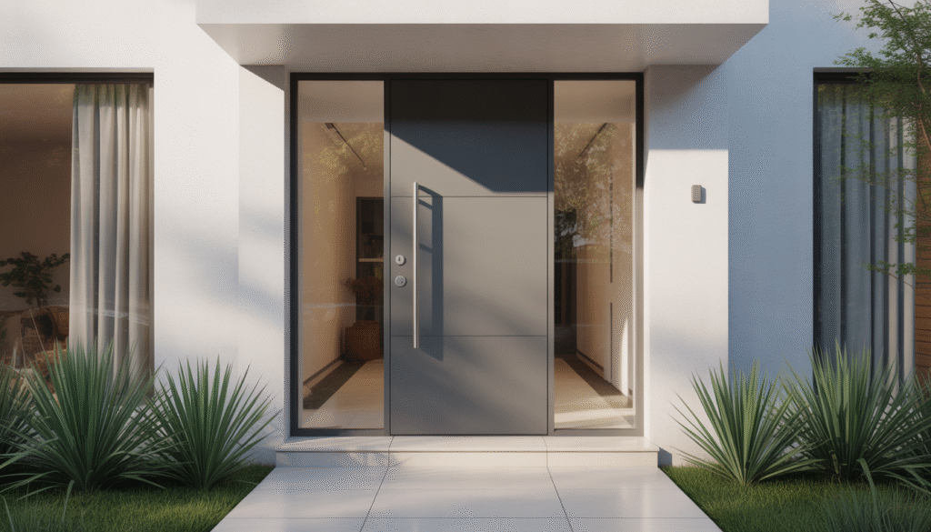 Photorealistic modern aluminum front door with glass on a sleek, contemporary house