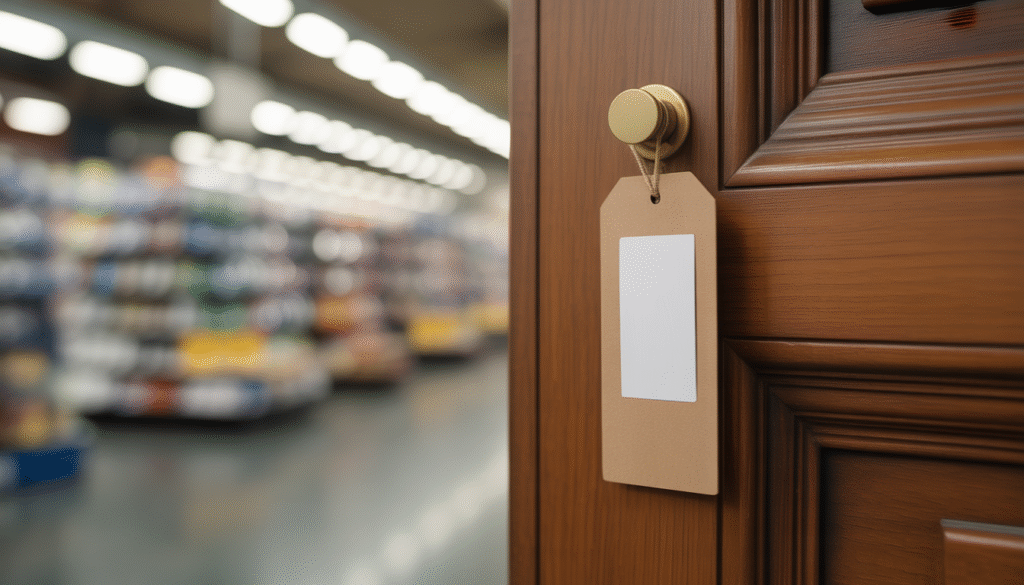 Close-up of wooden door with price tag holder under showroom lighting