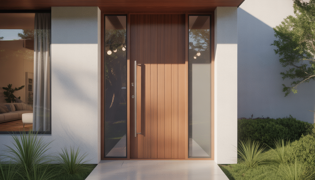 Photorealistic modern wooden front door with frosted side glass