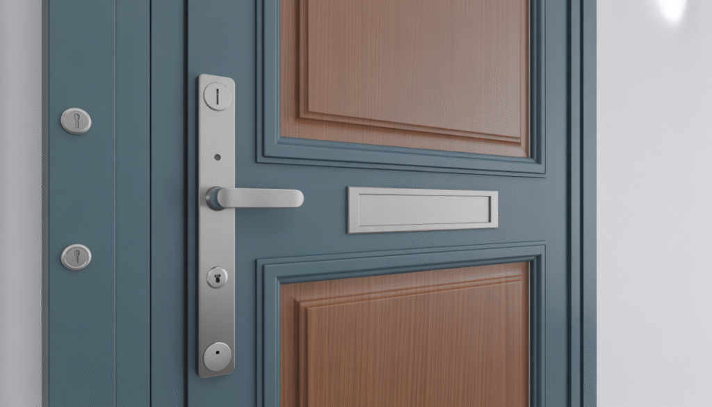 Photorealistic modern exterior door with wood and aluminum frame, lever handle, multipoint lock, and pull bar