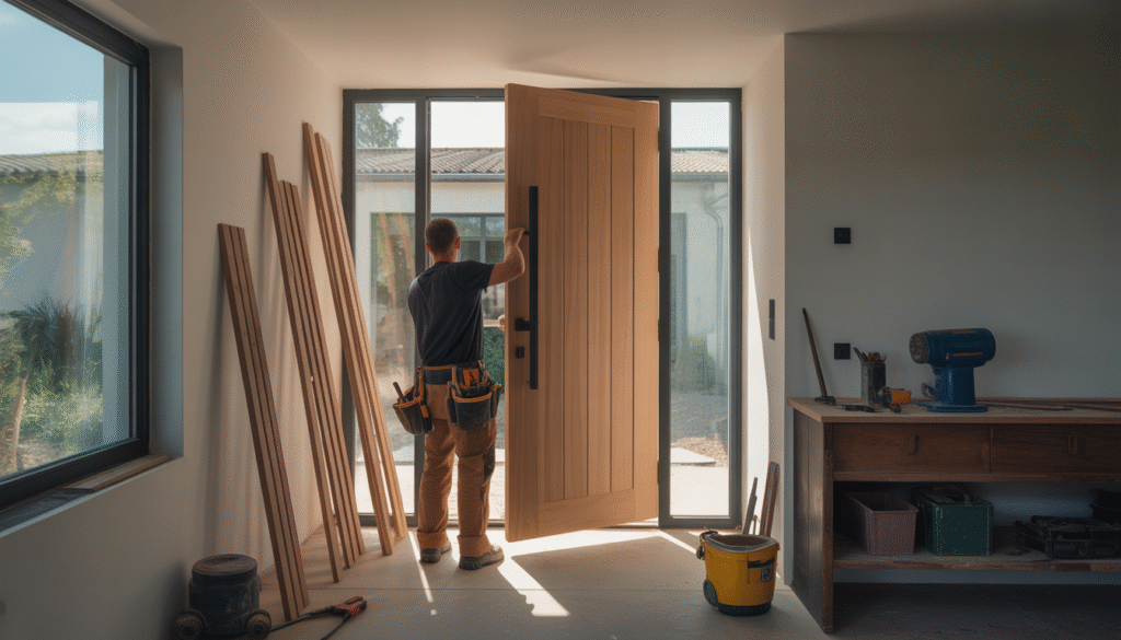 Artisan posant une porte d'entrée en bois dans une maison moderne avec outils visibles