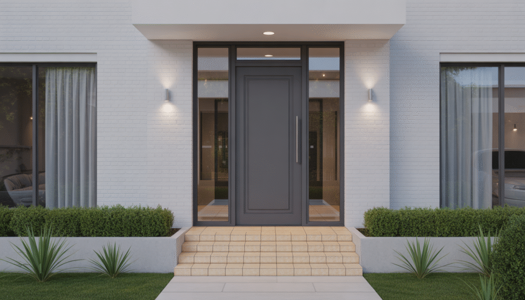 Photorealistic custom front door on modern house facade