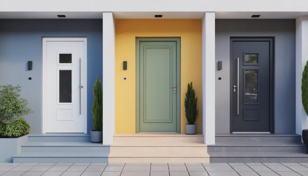 Photorealistic modern front doors in various materials and colors