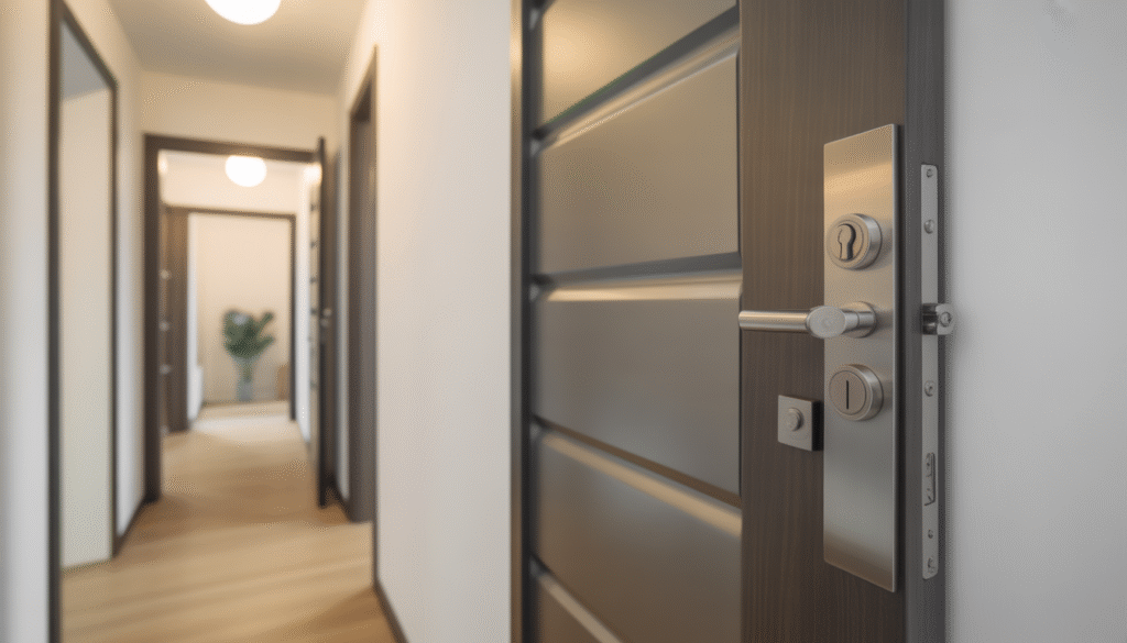 Interior view of a modern apartment door with 3-point lock