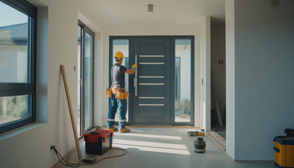Ouvrier posant une porte d'entrée dans une maison moderne en plein jour