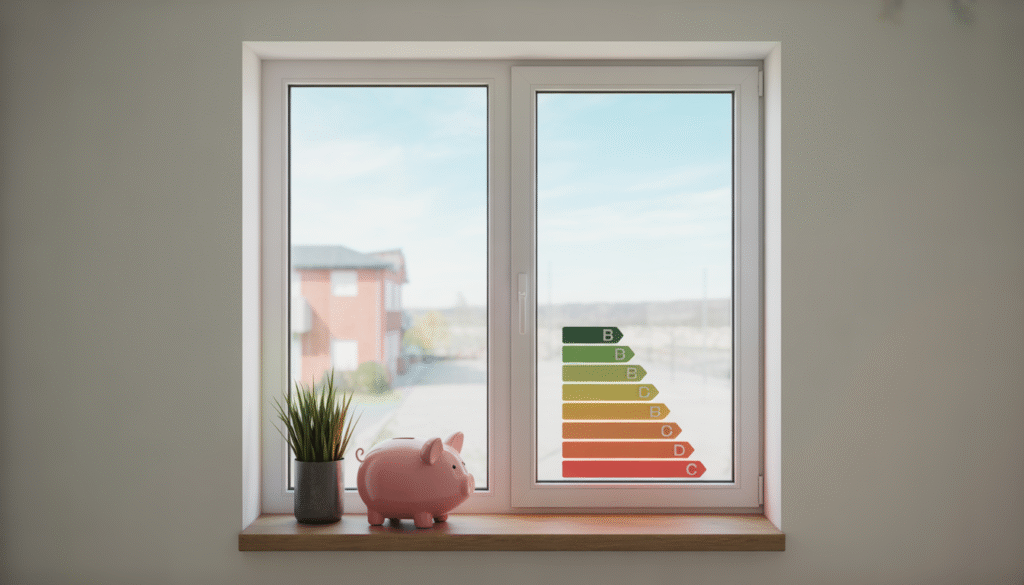 Fenêtre double vitrage dans un intérieur lumineux avec icônes d'efficacité énergétique et tirelire