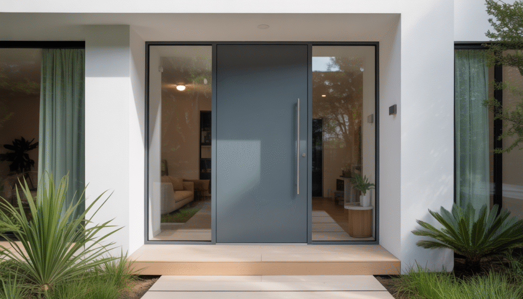 Modern aluminum front door featuring large glass panel in contemporary house facade