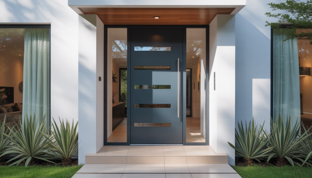Contemporary aluminum front door with glass inserts on modern home
