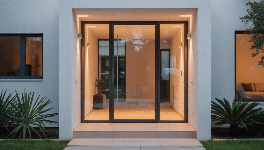 Contemporary glass front door with aluminum frame and warm lighting