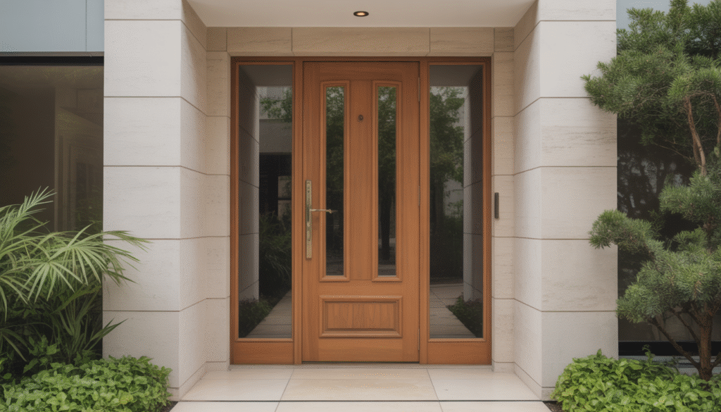 Photo of a sleek oak or moabi front door with glass panel