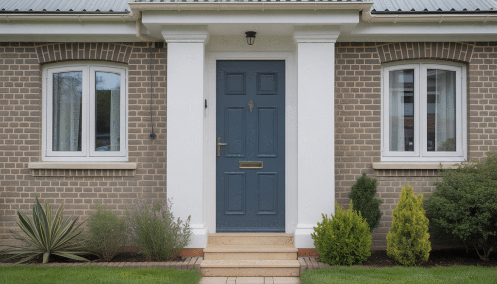 Modern PVC front door of a suburban home in daylight