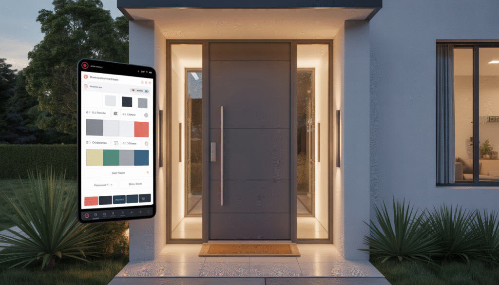 Photorealistic installation of modern custom front door with nearby screen showing size and color options