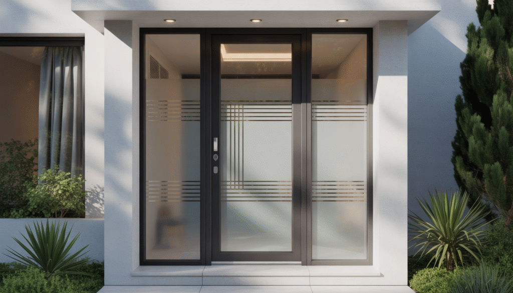Photorealistic black aluminum front door with frosted and patterned glass