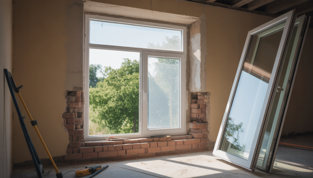 Old window removed showing wall opening with tools and new frame