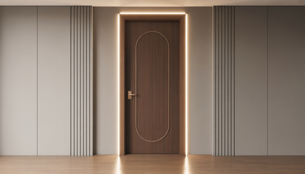 Custom wood door with perfect frame in modern interior