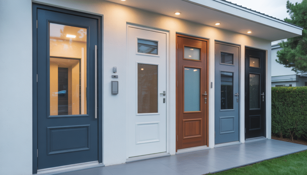Contemporary aluminum front door with glass and sample doors in PVC, steel, and aluminum