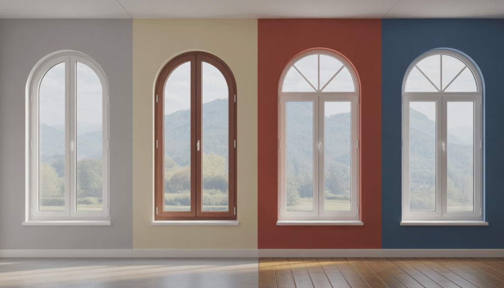 Différents types de fenêtres en PVC, bois et aluminium avec vues intérieure et extérieure