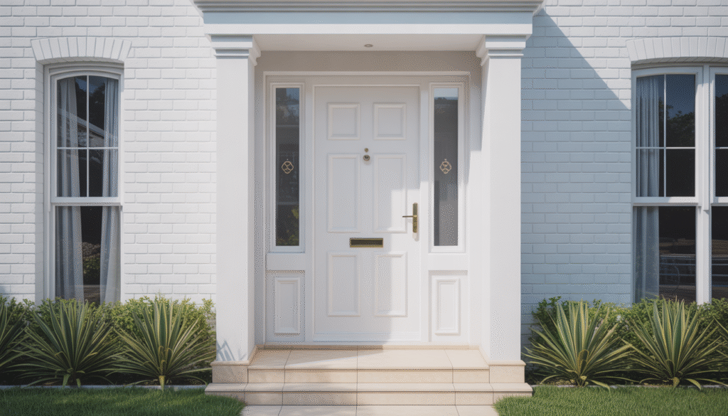 White PVC front door on modern suburban house facade in bright natural light