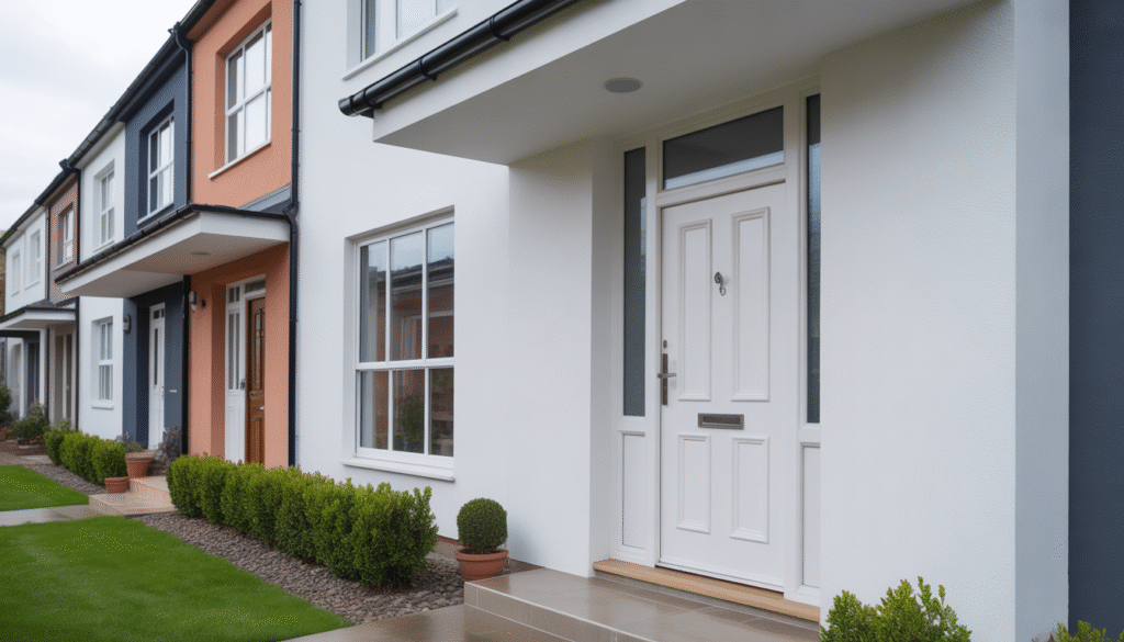 White PVC front door on a modern suburban home with colorful doors in background