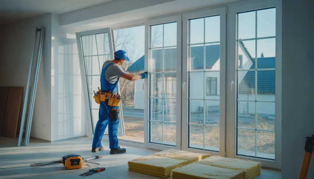 Worker installing new window with tools and insulation in daylight