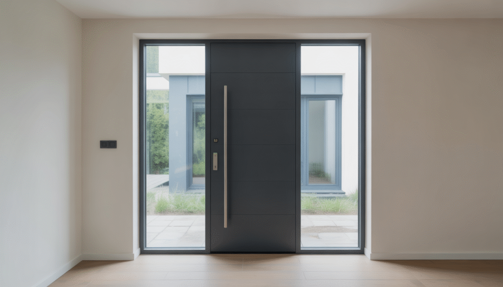Modern aluminum front door with triple glazing and light wood floor
