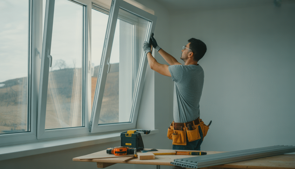 Professionnel installant une fenêtre PVC avec outils et matériaux