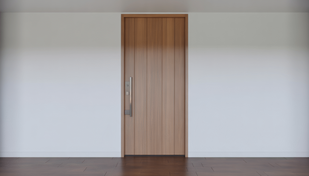 Light wooden front door with modern metal handle against white wall