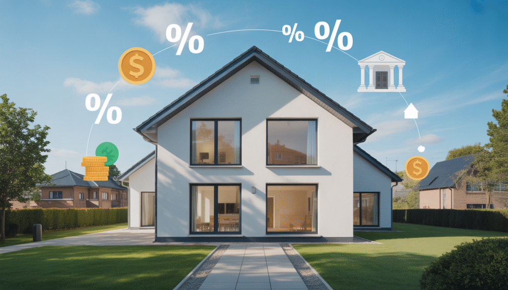 Maison moderne avec fenêtres double vitrage et icônes d'aides financières