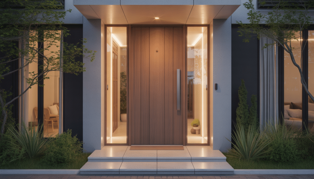 Photorealistic modern wooden front door with greenery