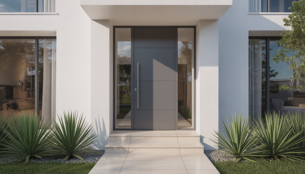 Photorealistic modern front door on sleek contemporary house