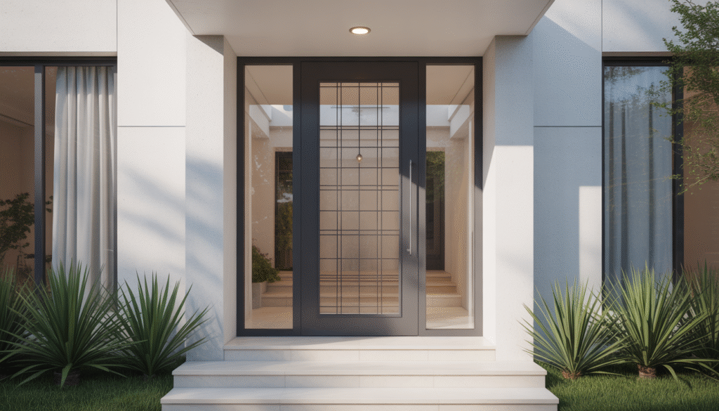 Photorealistic image of a modern aluminum front door with semi-transparent glass on a bright facade
