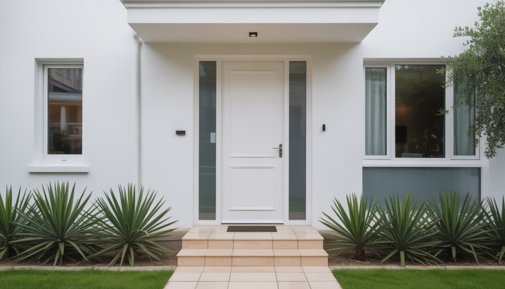 White PVC front door on modern home exterior in soft daylight