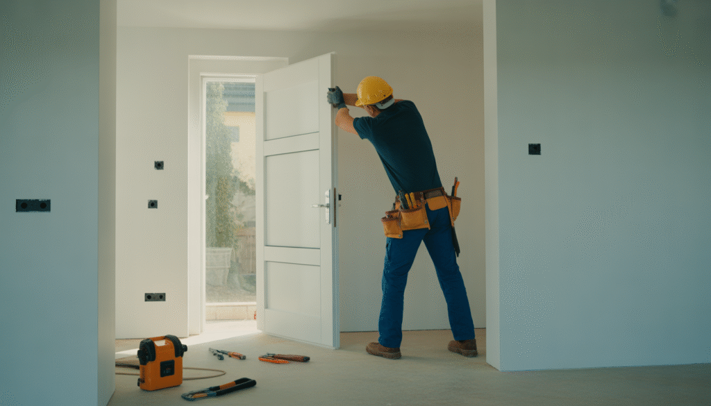 Professionnel installant une porte intérieure avec outils visibles