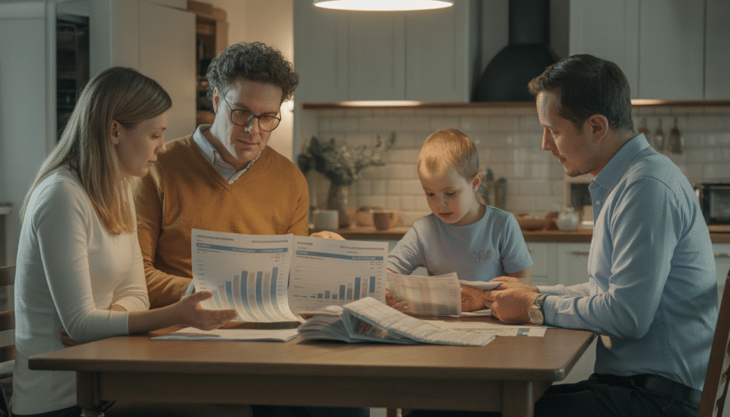 Famille française examinant des documents financiers autour de la table