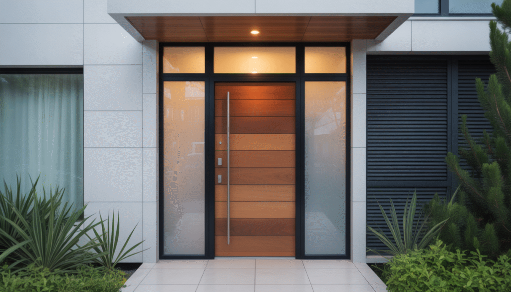 Porte d'entrée moderne en bois et aluminium avec panneau en verre dépoli