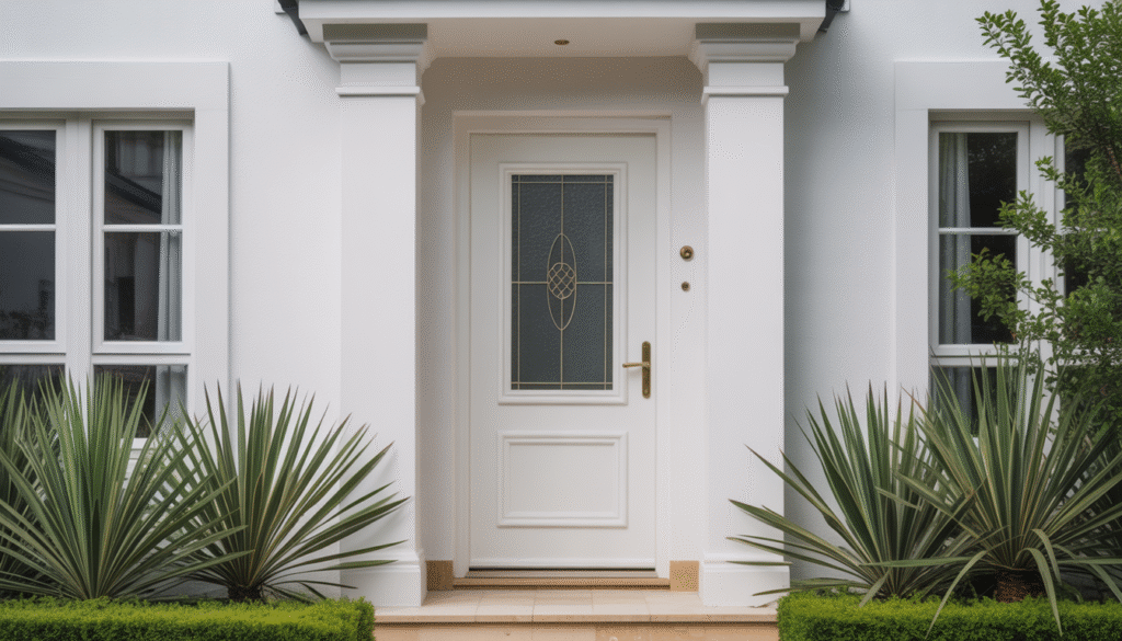 Modern white PVC front door featuring elegant glass panel and clean architecture