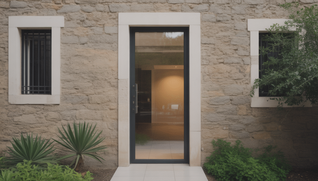 Modern glass entrance door contrasting with rustic stone house under natural light