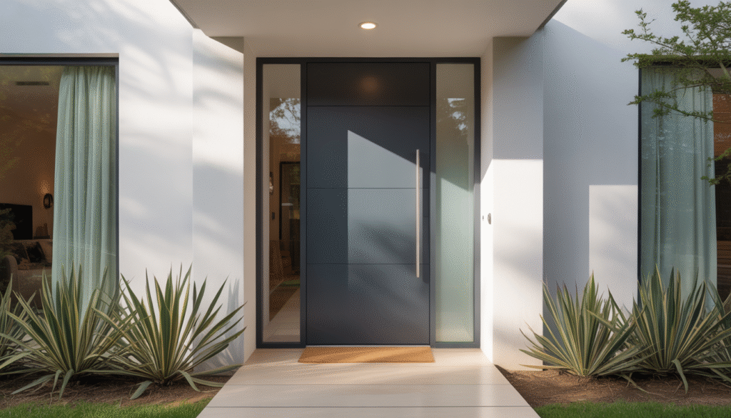 Contemporary front door with side glass panel and natural lighting