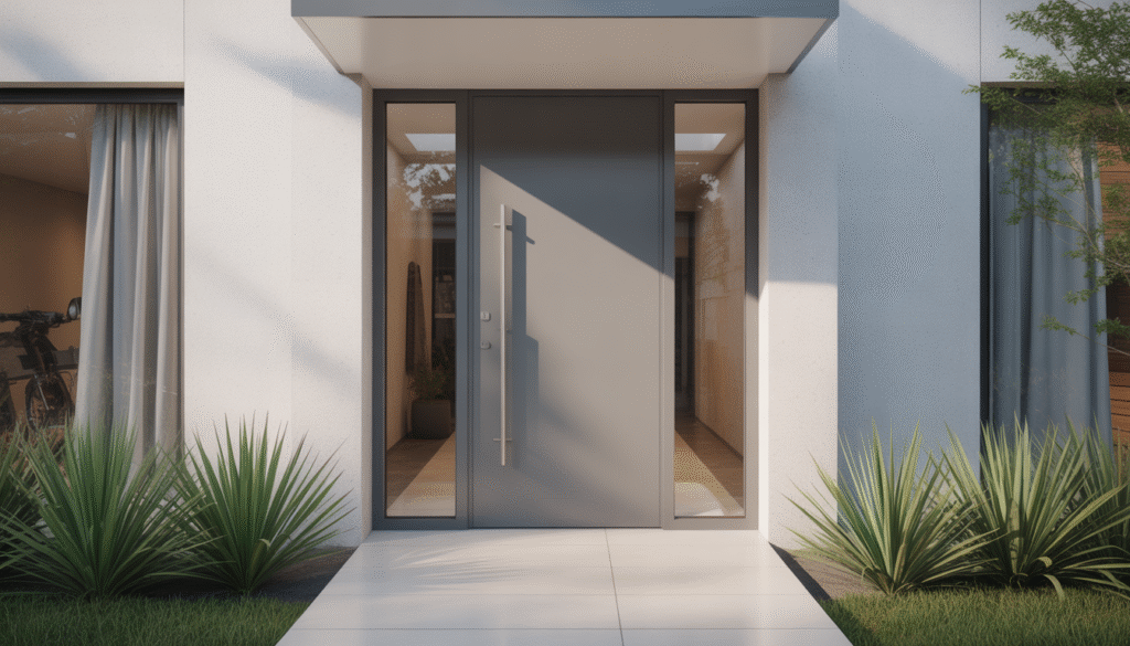 Photorealistic image of a sleek aluminum front door being precisely installed
