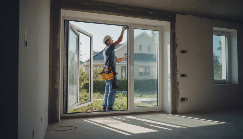 Ouvrier installant une fenêtre écoénergétique dans une maison moderne en rénovation