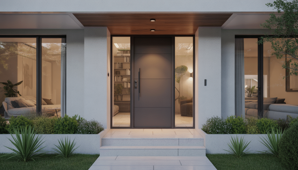 Modern custom front door on a contemporary house with clean lines