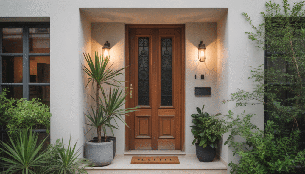Elegant wooden front door with potted plants and welcome mat