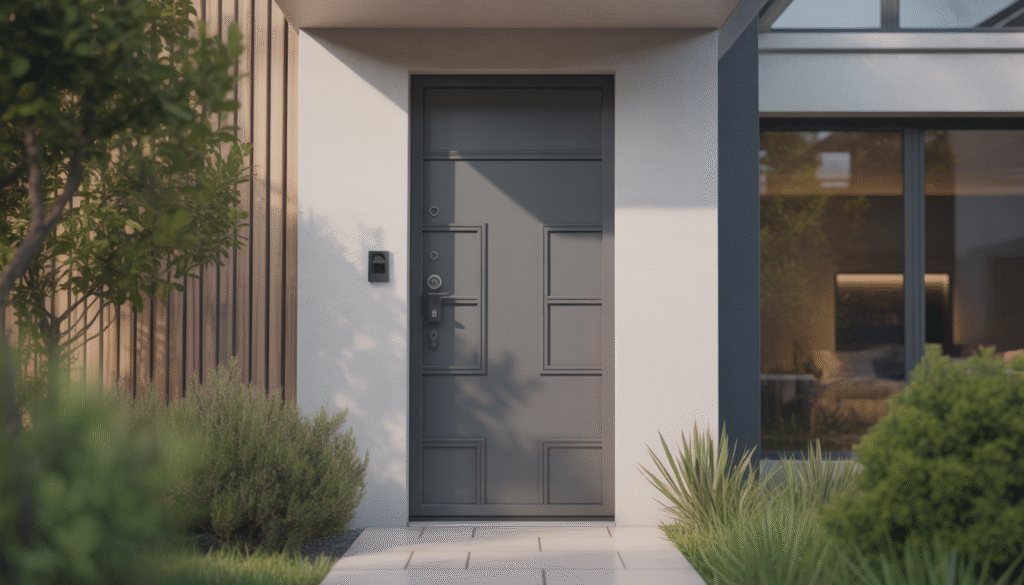 Photorealistic image of a modern armored front door with metal frame and multi-point lock