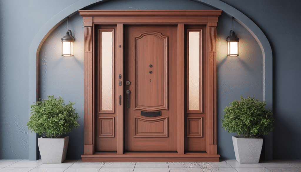 Close-up of custom wooden front door with unique finishes and visible hardware