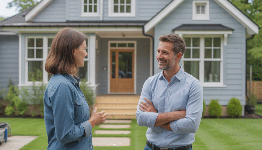 Homeowner and certified contractor in front of renovated house with energy-efficient windows