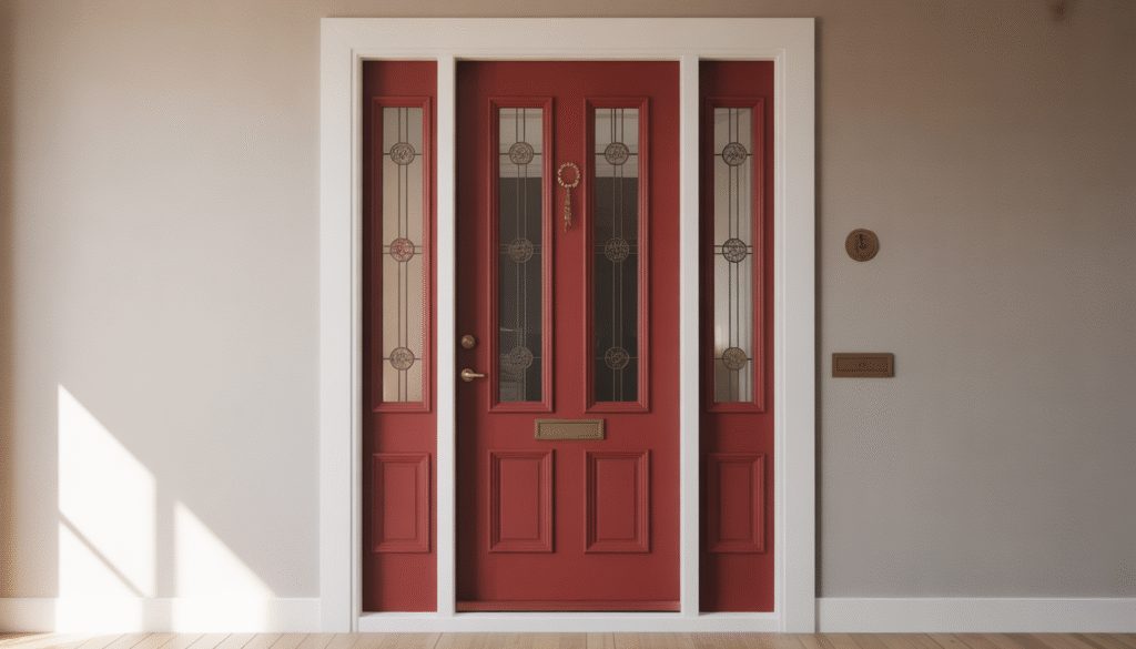 Red front door with glass inserts against a neutral wall