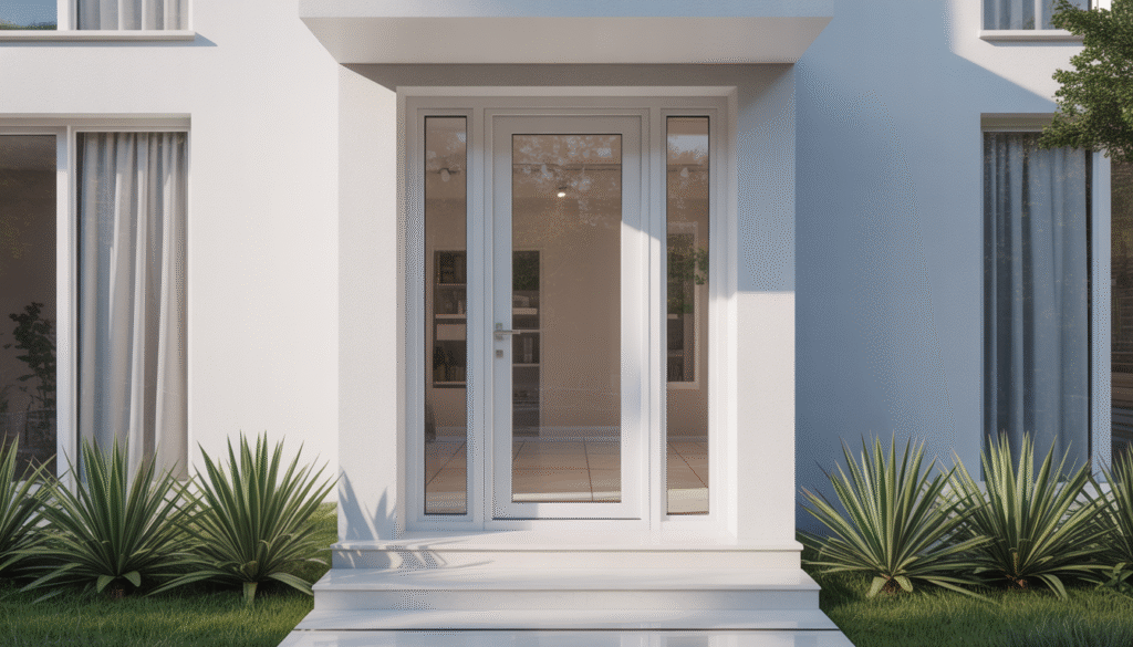 Photorealistic modern PVC glass front door with white frame